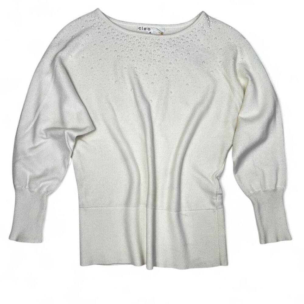 White 3/4 sleeve sweater with embellished detail #work #knit